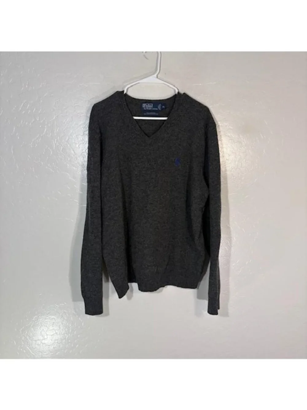 Polo By Ralph Lauren Sweater Mens XL Gray Lambswool V Neck Pony Logo Pullover